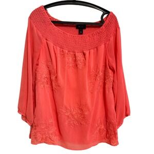 AB Studio XL Coral Pink Floral Embroidered Top XL Peasant Oversized Lined Office
